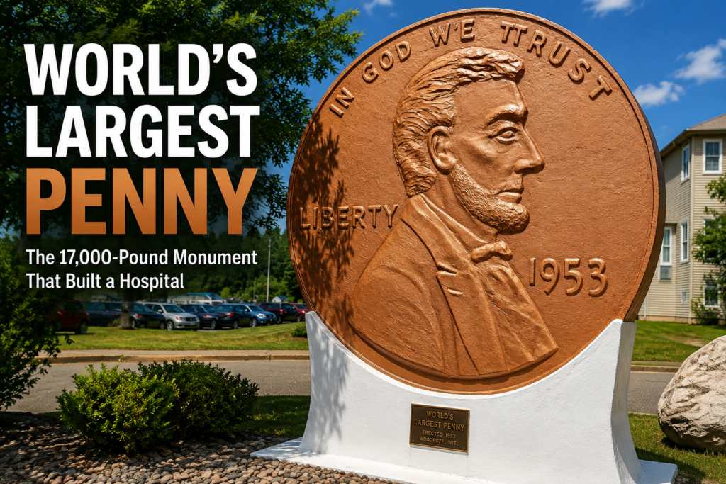 World’s Largest Penny Faces New Threat: Decades of Wisconsin Weather World's Largest Penny monument in Woodruff, Wisconsin, featuring a giant concrete 1953 Lincoln penny mounted on a white pedestal under a clear blue sky.