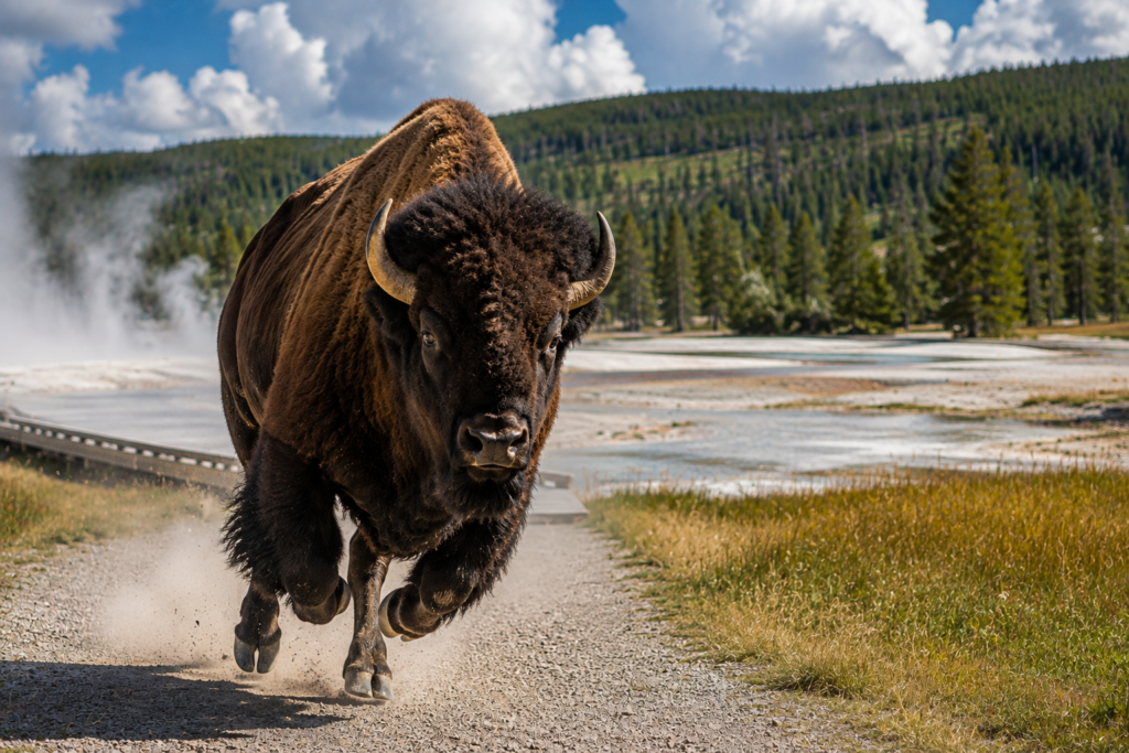Charging bison on a Yellowstone National Park path